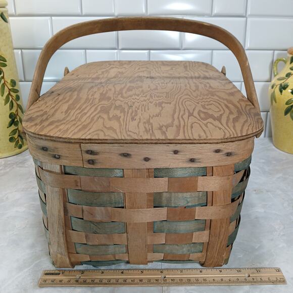 Rustic Picnic 2 Handle Gathering Basket 18x12" Woven Slat Wood Country Farmhouse - Picture 6 of 9